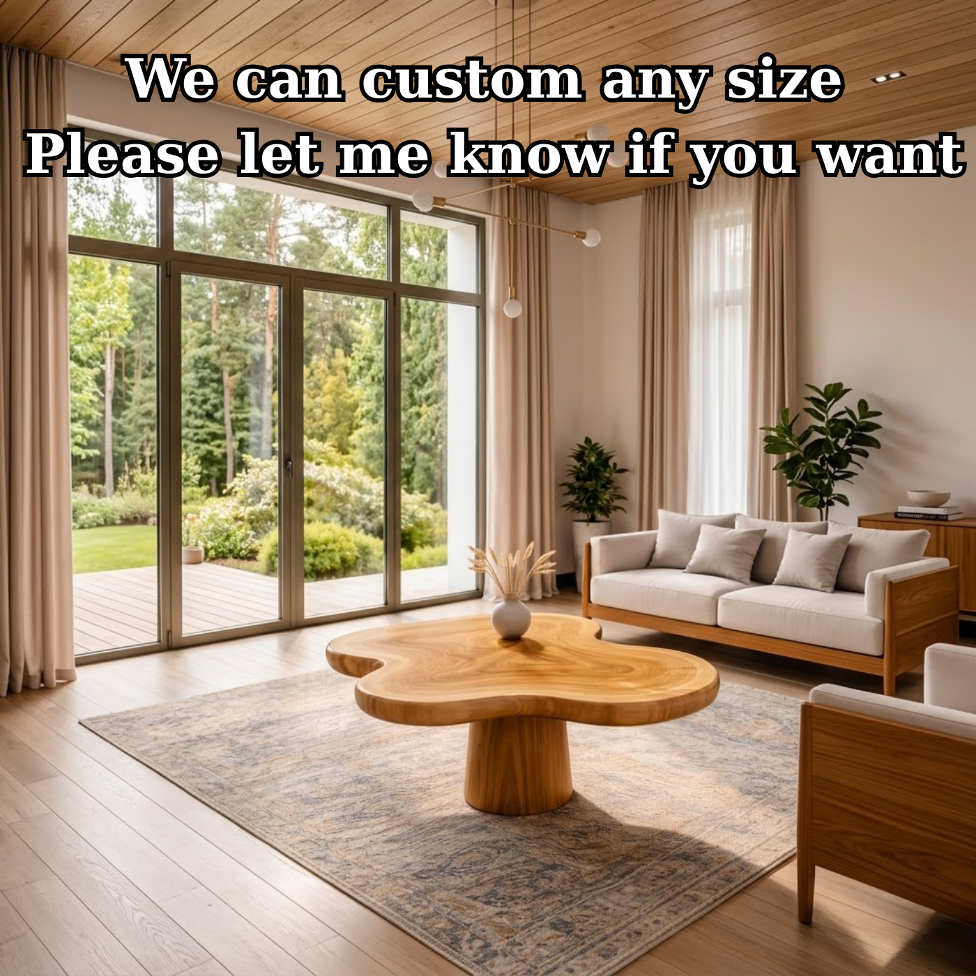 Organic Shape Solid Wood Coffee Table with Sculpted Pedestal Base