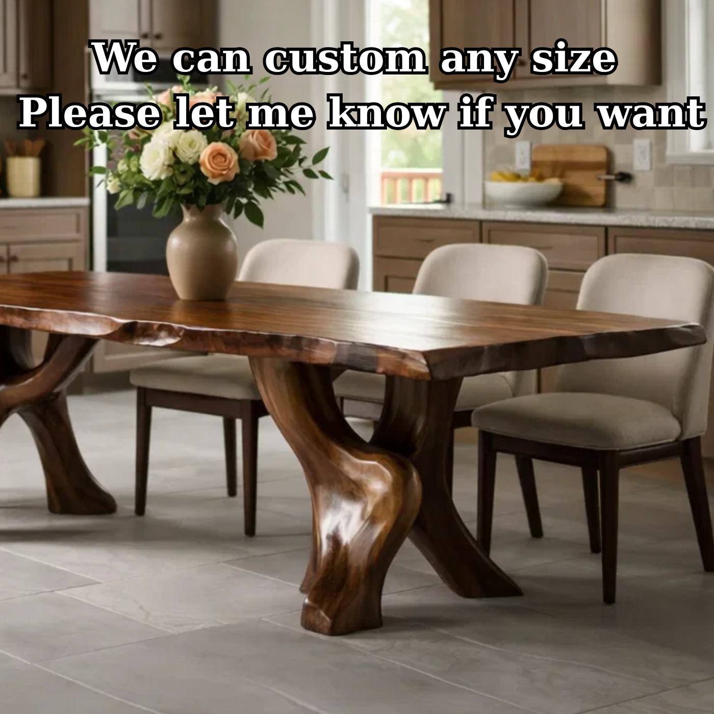 Solid Wood Live Edge Dining Table with Sculpted Organic Pedestal Legs