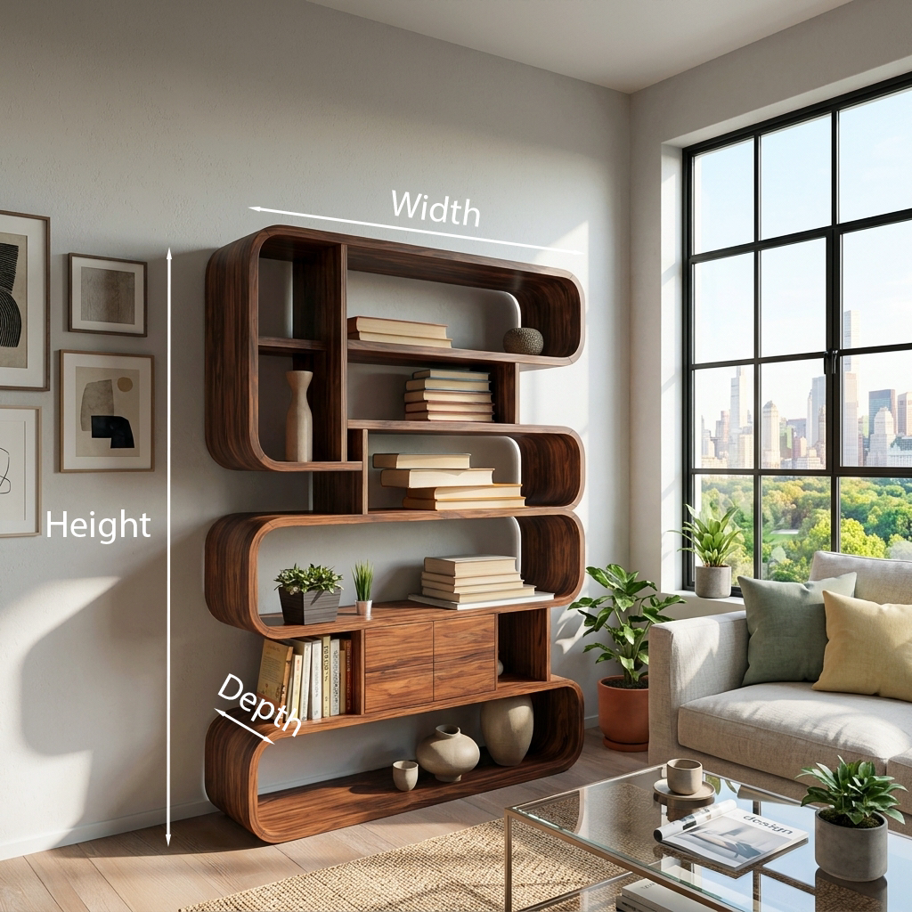 Statement Natural Wood Bookshelf With Rounded Form For Home Kitchnce