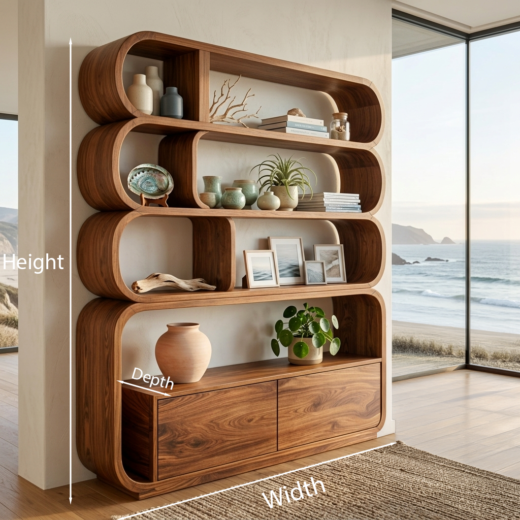 Modern Natural Wood Bookshelf With Curved Structure For Living Room Kitchnce