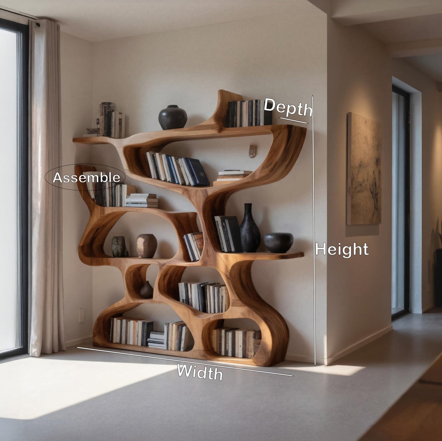 Modern Bookshelf With Organic Carved Design For Living Room Or Office Kitchnce