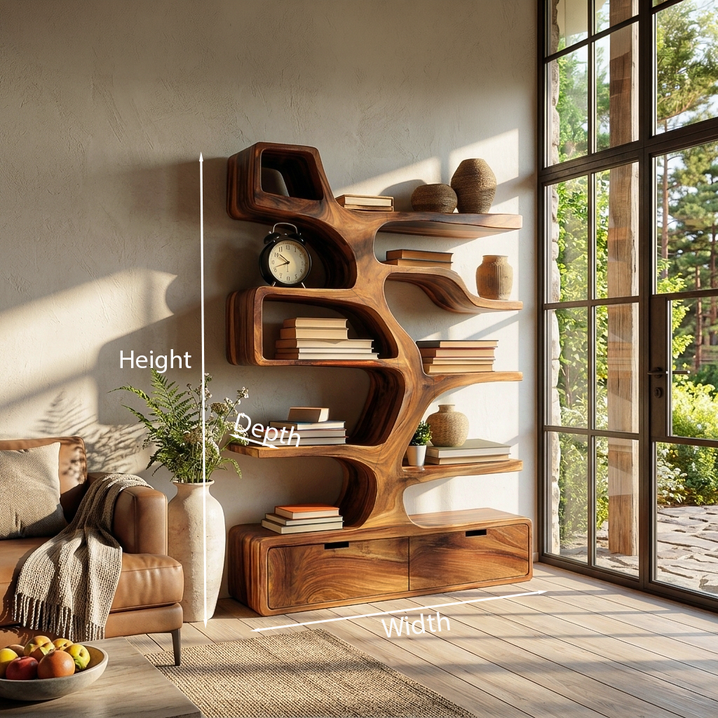 Contemporary Wooden Bookshelf Sculpted Design For Living Space Kitchnce