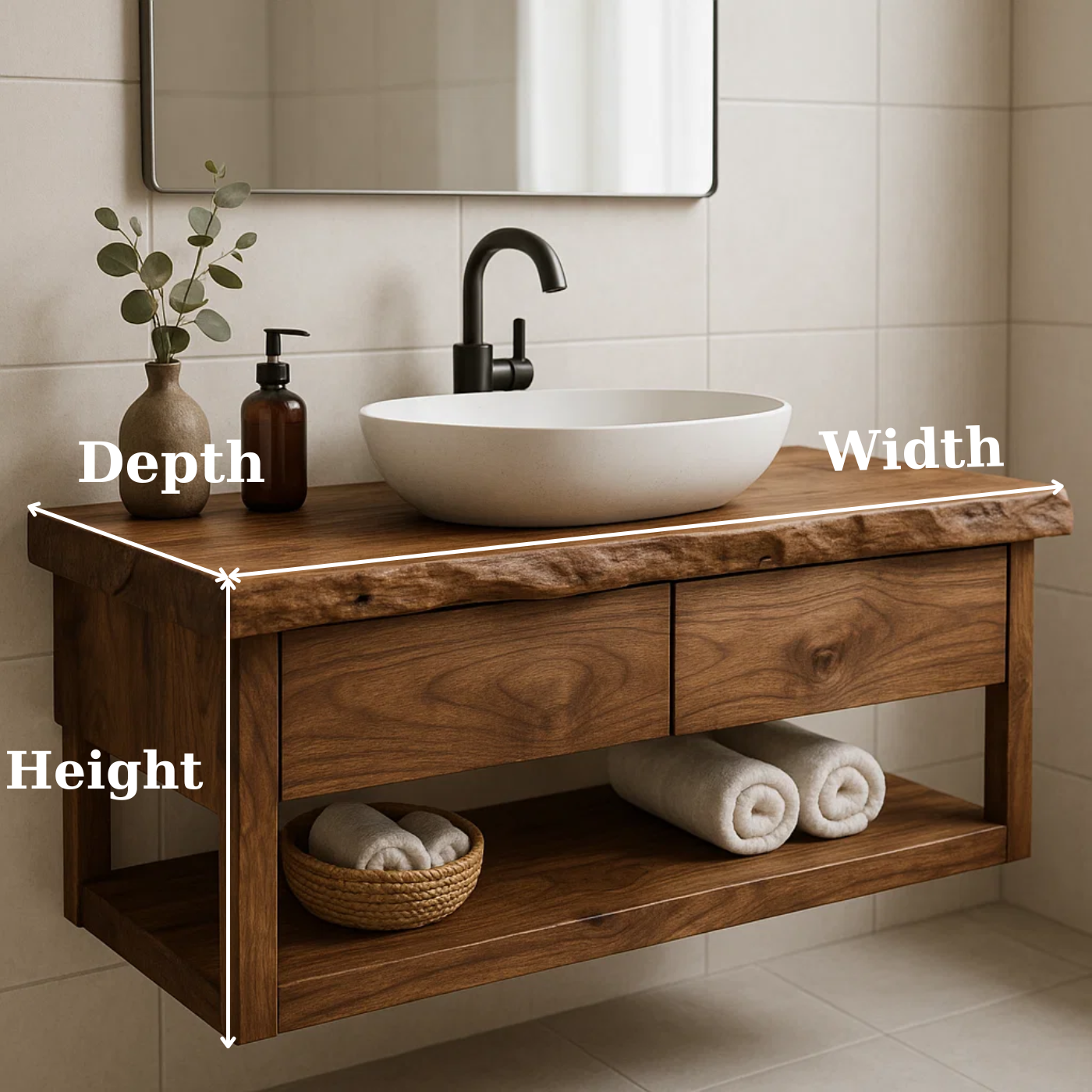 Rustic Solid Wood Floating Bathroom Vanity with Open Shelf Storage