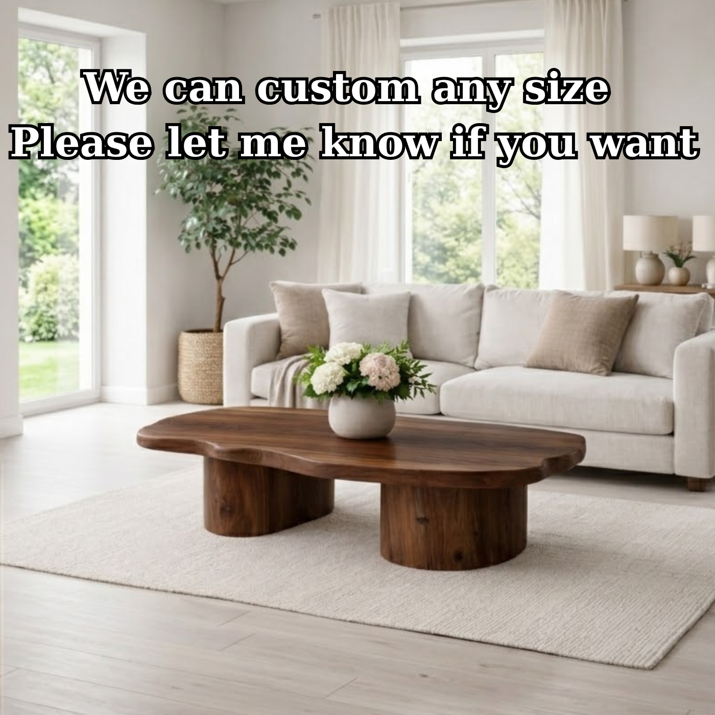 Solid Wood Coffee Table with Organic Shape & Dual Pedestal Base – Modern Rustic Design