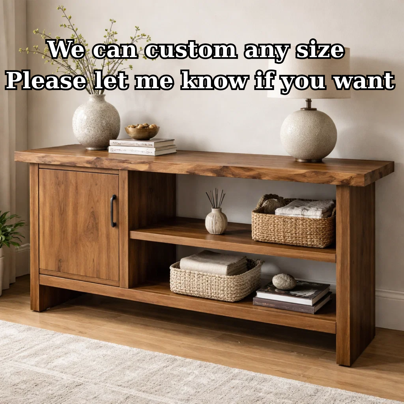 Solid Wood Console Table with Storage Shelf – Modern Entryway Cabinet with Door