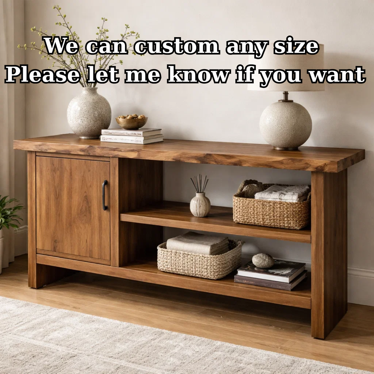 Solid Wood Console Table with Storage Shelf – Modern Entryway Cabinet with Door