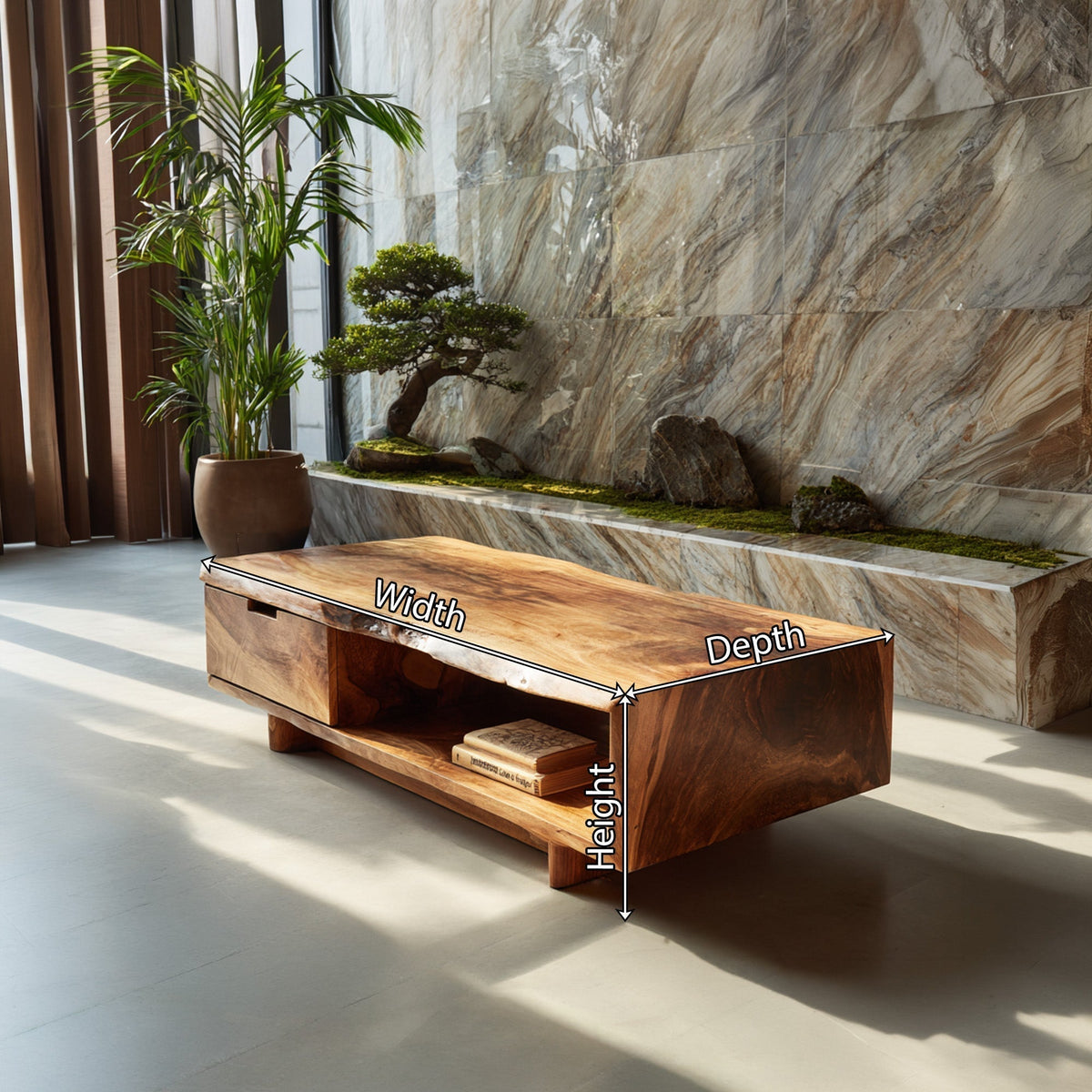 Live Edge Storage Coffee Table With Open Shelf