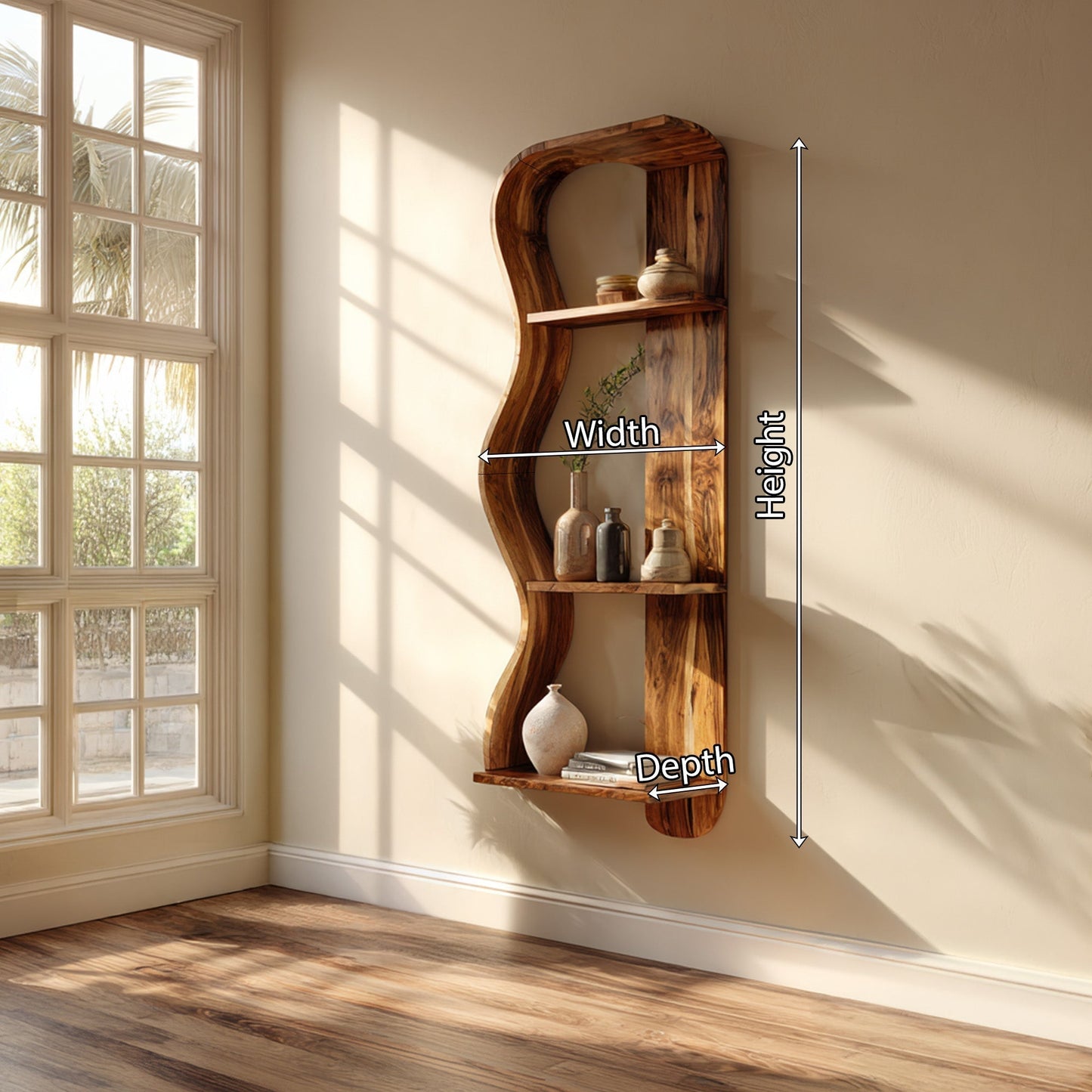 Vertical Wood Wall Shelf With Sculptural Open Display