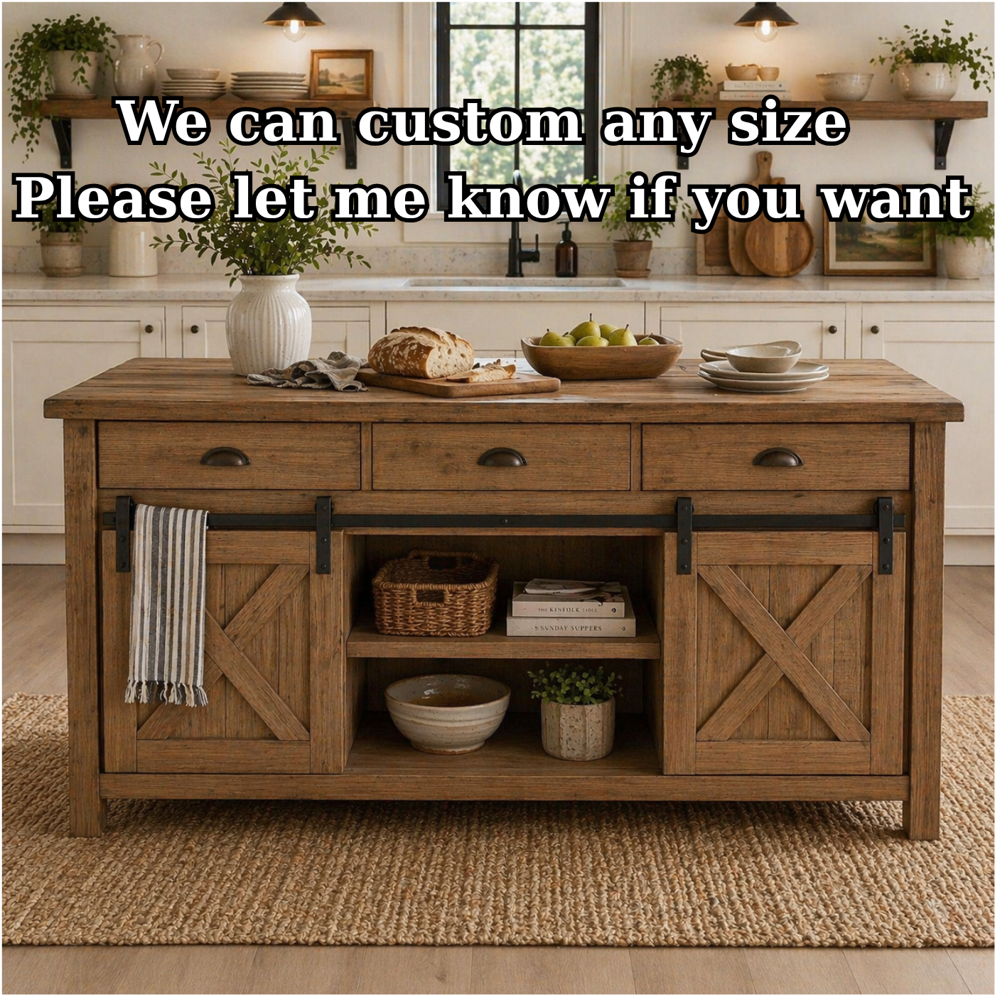Solid Wood Kitchen Island with Sliding Barn Doors – Rustic Farmhouse Kitchen Table, Wooden Prep Island with Storage