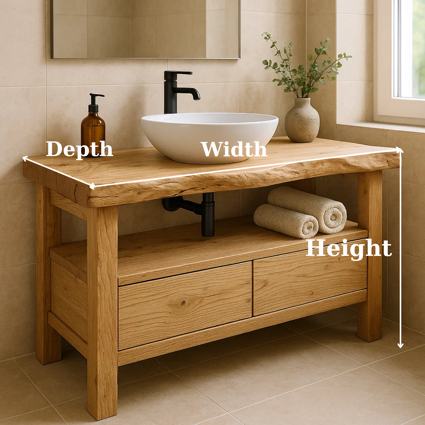 Handcrafted Solid Wood Bathroom Vanity with Dual Drawers and Open Shelf for Minimalist Bathrooms