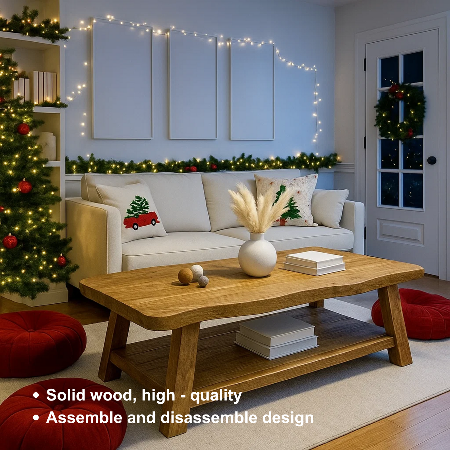 Handcrafted Solid Wood Coffee Table with Live Edge Design – Rustic Modern Center Table with Bottom Shelf for Cozy Holiday Living Rooms Kitchnce