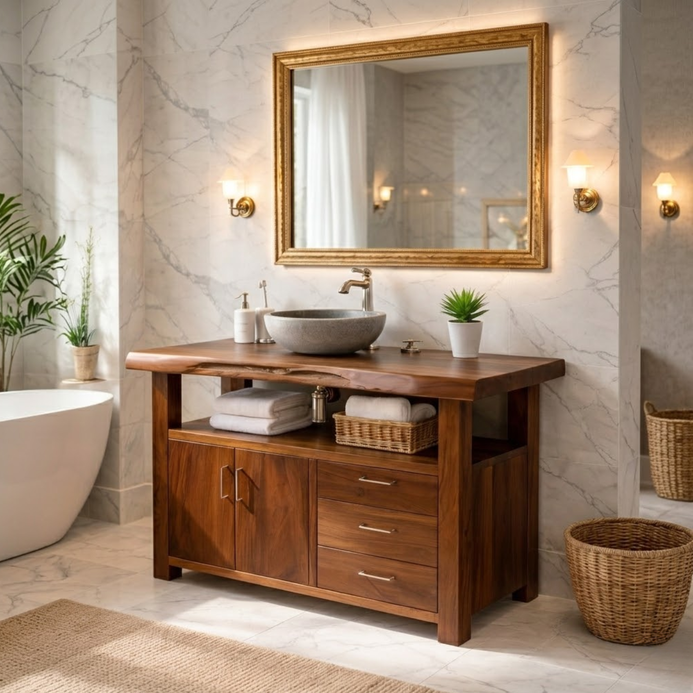 Live Edge Solid Wood Bathroom Vanity with Double Cabinet Doors, Three Drawers and Open Shelf
