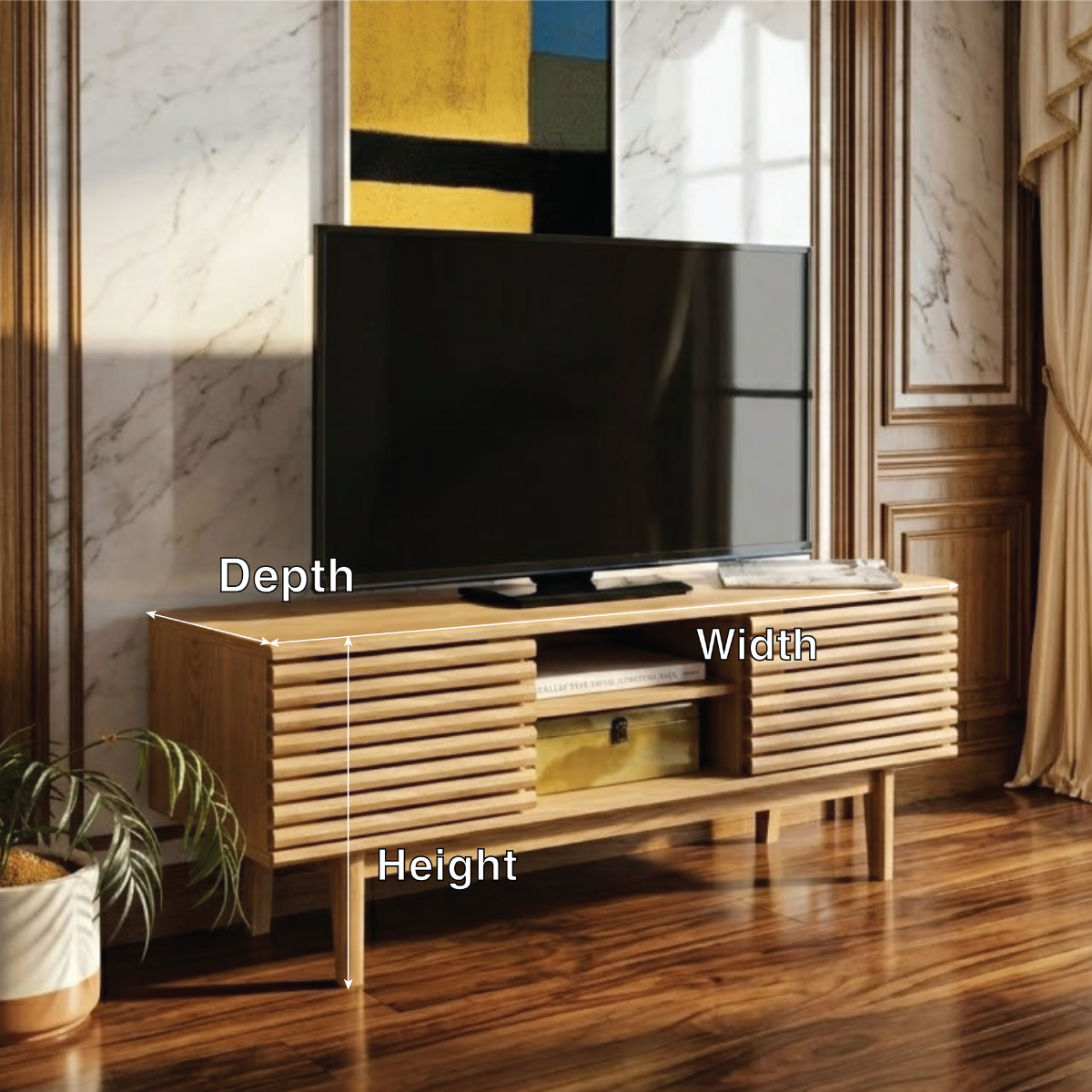 Mid Century Modern TV Stand, Slatted Media Console Cabinet with Storage for Living Room