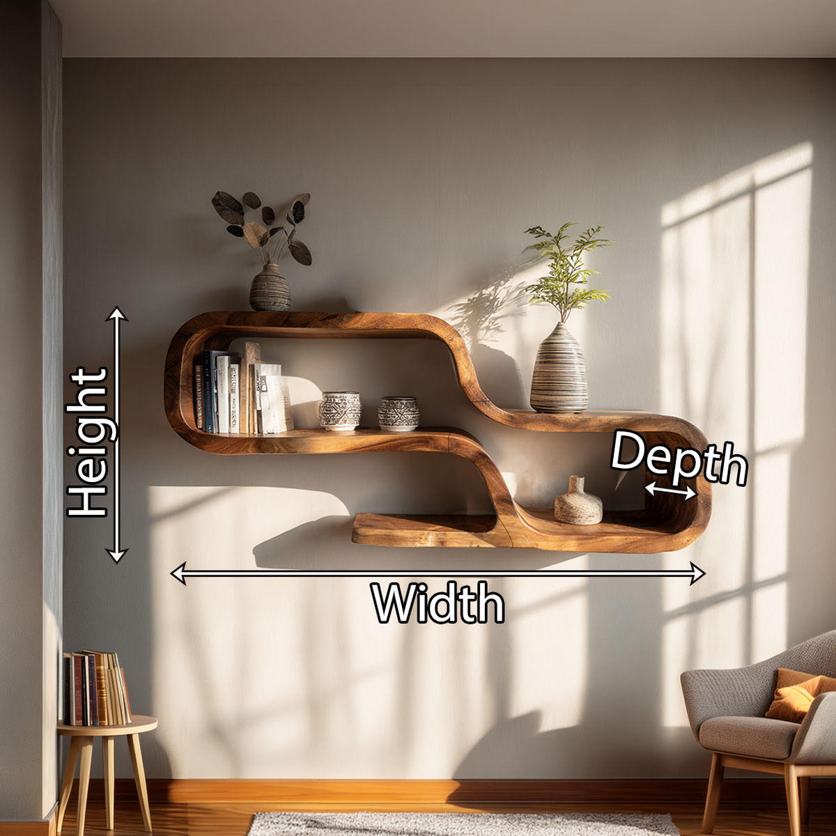 Natural Wood Floating Shelf with Sculpted Organic Edge