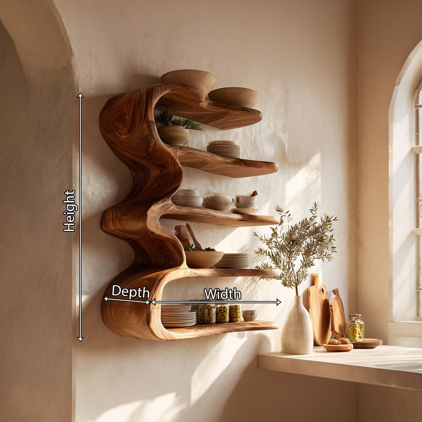 Vertical Wood Kitchen Wall Shelf With Open Display
