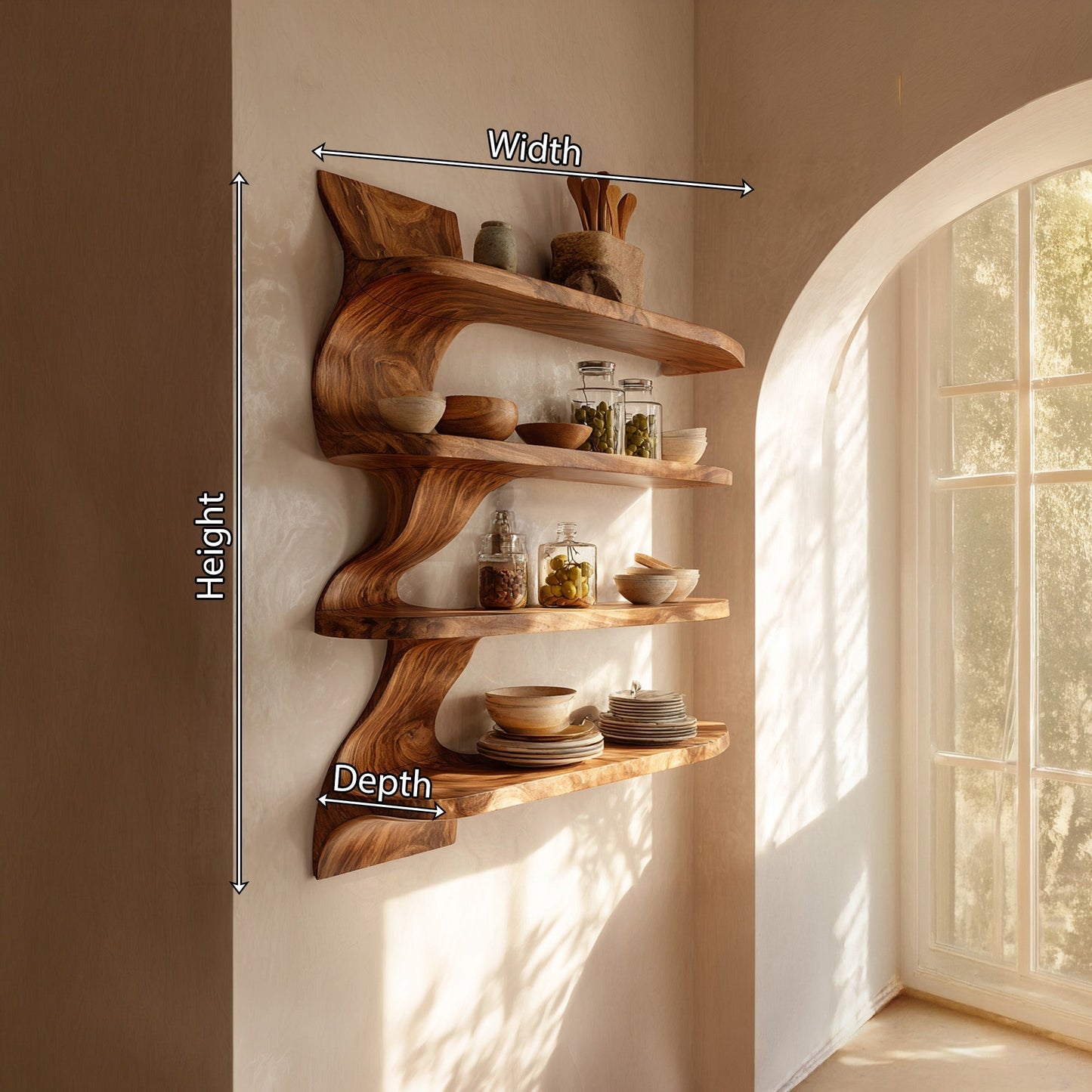 Organic Wood Dining Wall Shelf With Open Storage