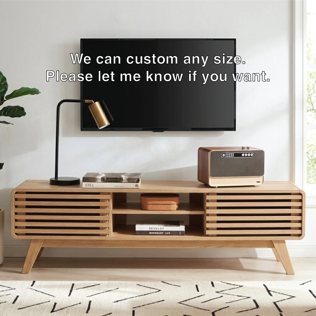 Mid Century Modern TV Stand, Slatted Cabinet Media Console with Storage for Living Room