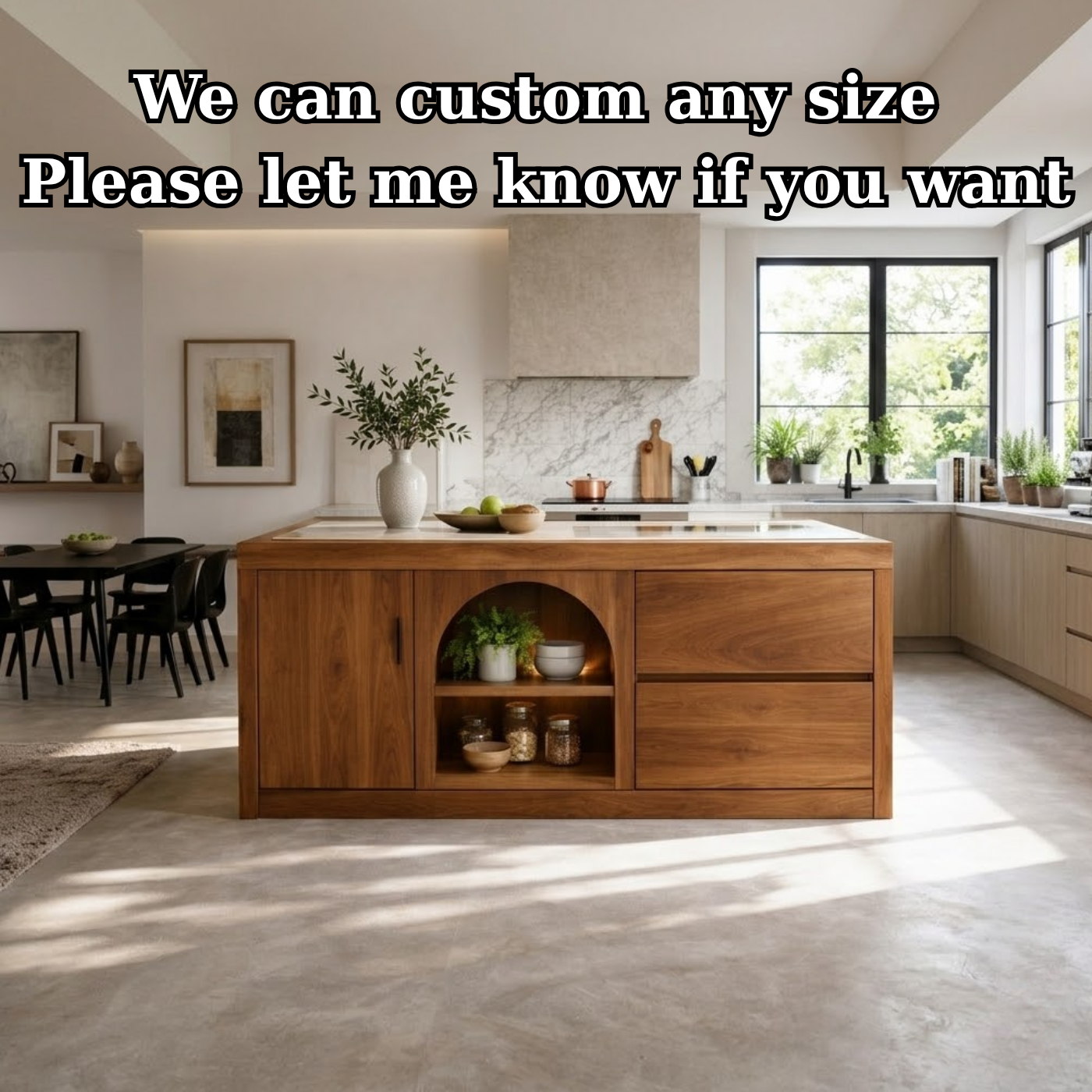 Solid Woood Kitchen Island with Arched Shelf, Drawer & Cabinet Storage