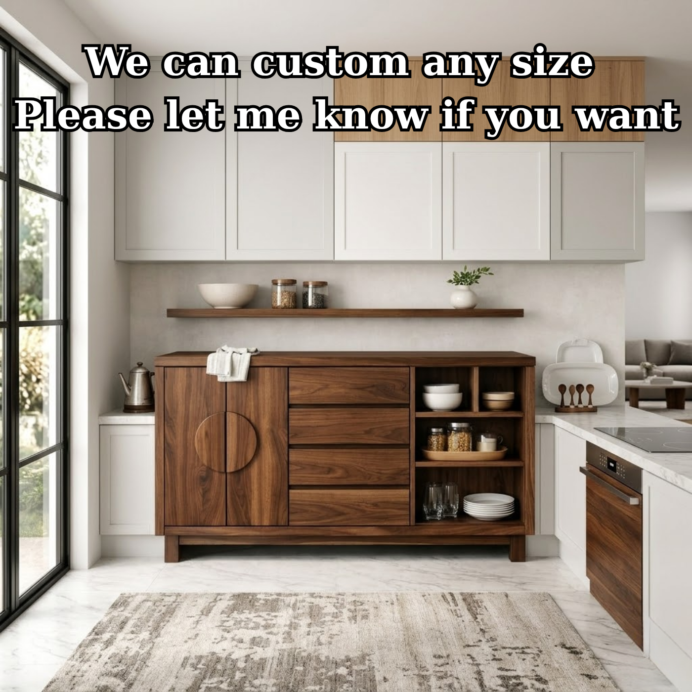 Solid Oak Kitchen Island with Round Handle Doors & Open Shelf Storage