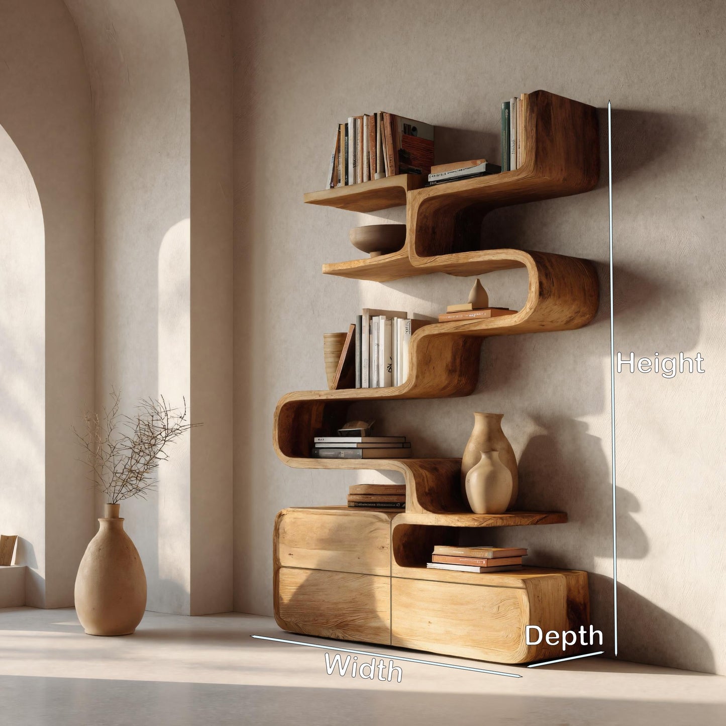 Scandinavian Sculptural Wooden Bookshelf With Organic Shape For Living Room Kitchnce