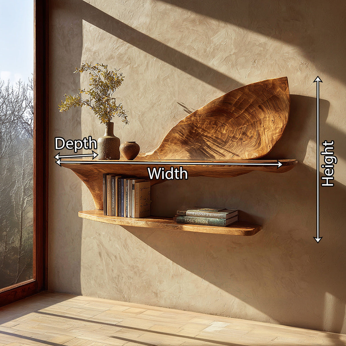 Two-Tier Sculptural Wall Shelf in Natural Wood with Organic Form