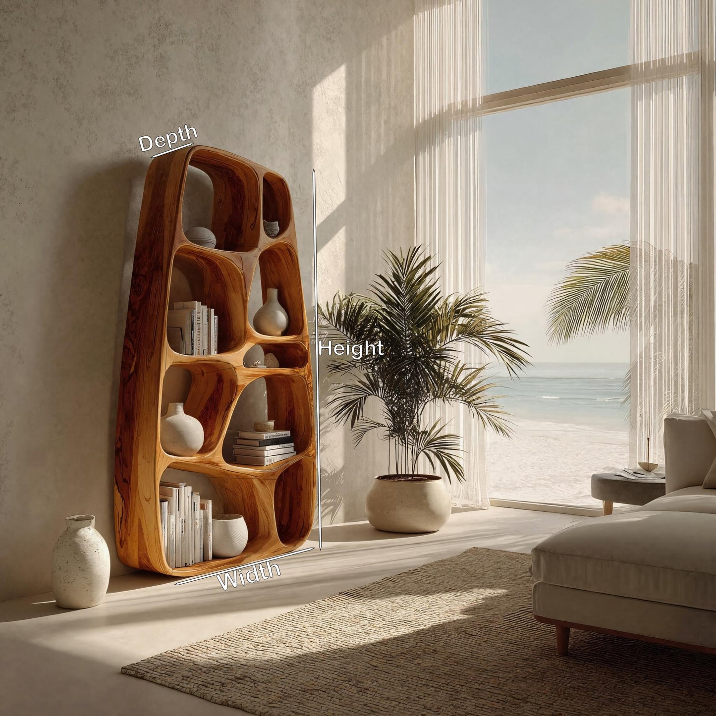 Handcrafted Wooden Sculptural Bookshelf For Living Room Kitchnce