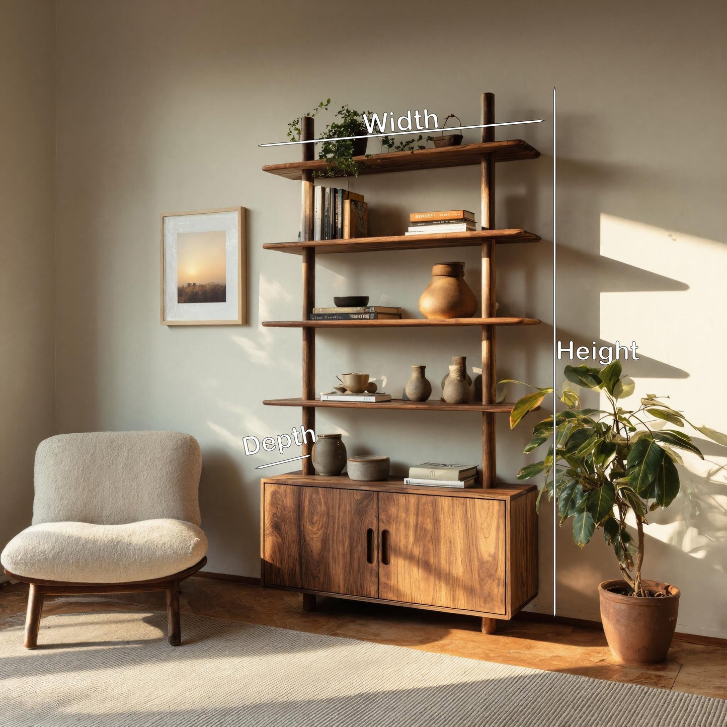 Mid Century Wooden Bookcase With Closed Storage For Living Kitchnce
