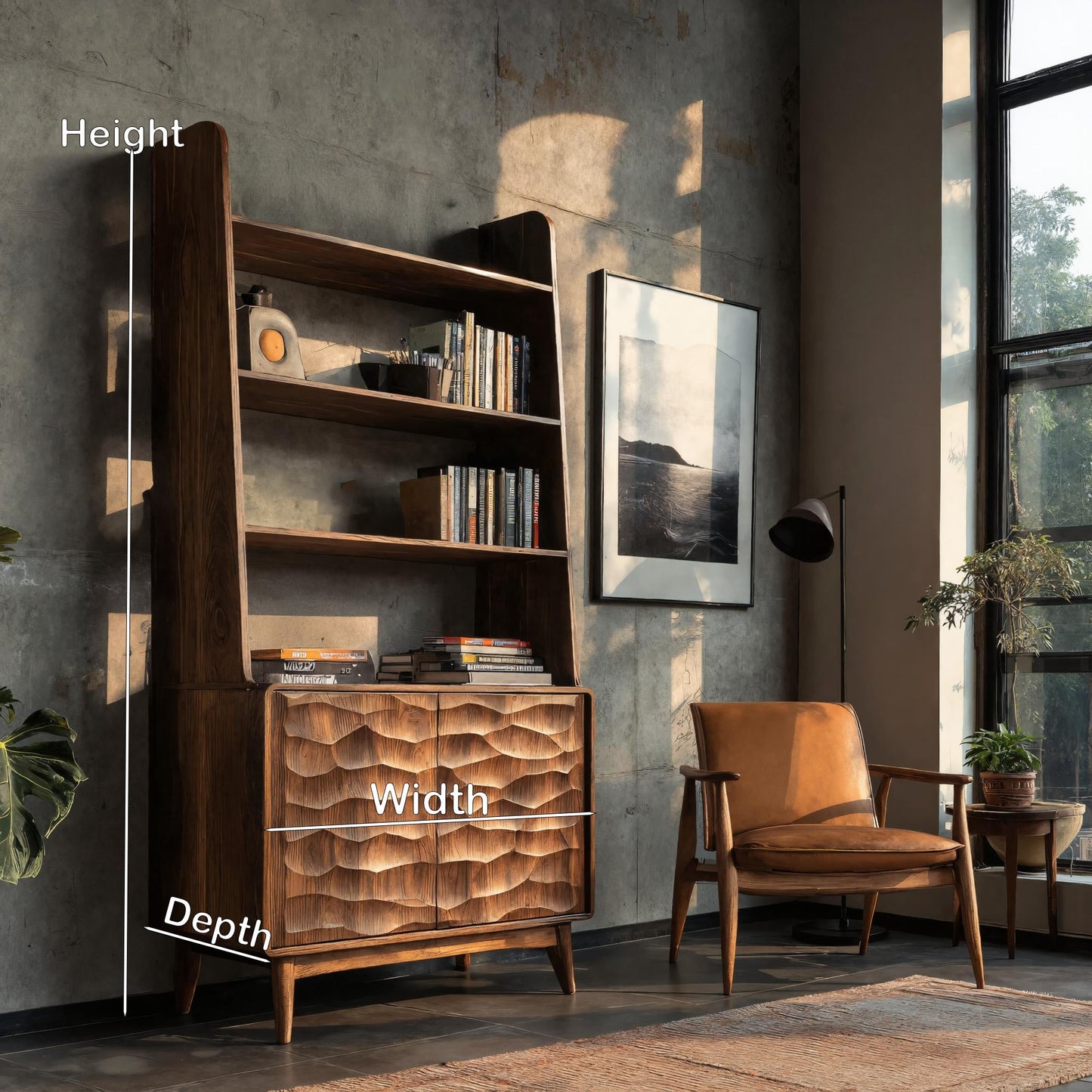 Modern Bookshelf With Carved Wave Cabinet Doors For Home Kitchnce
