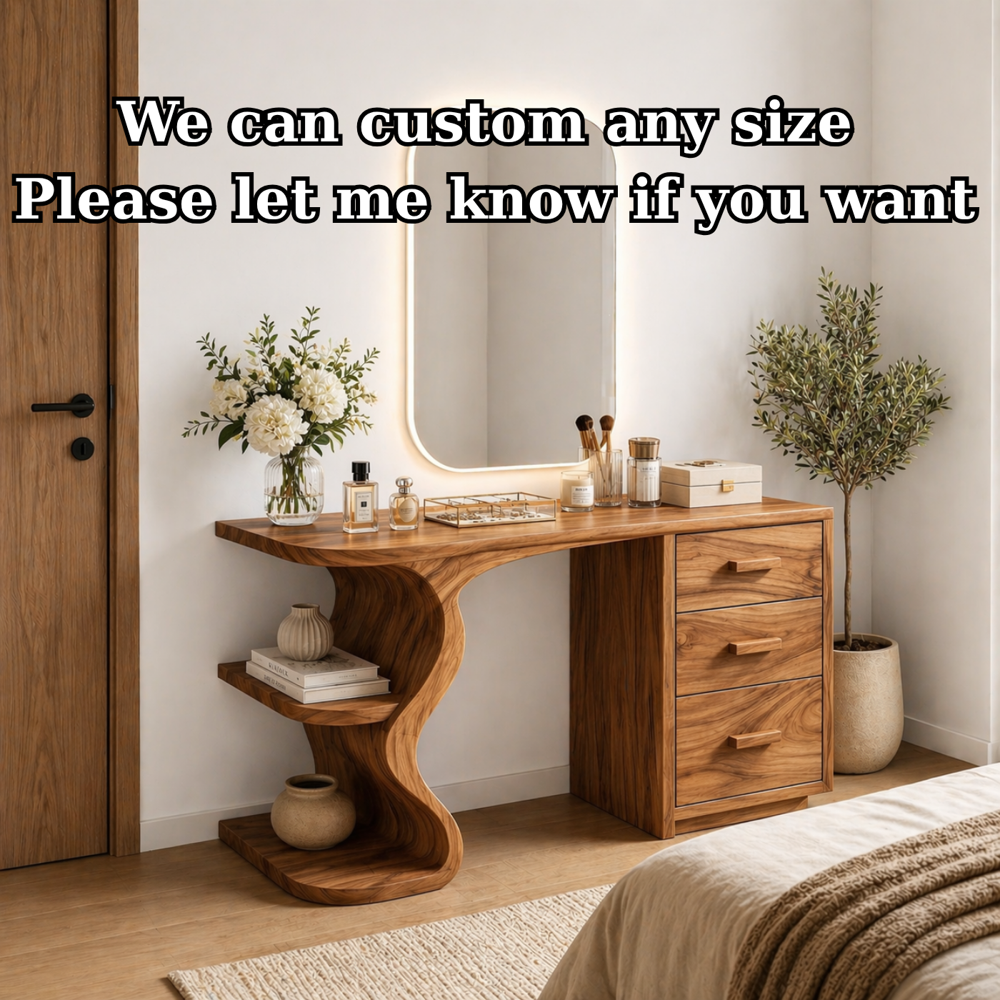 Solid Wood Makeup Vanity Desk with Sculptural Curved Base and 3 Drawers
