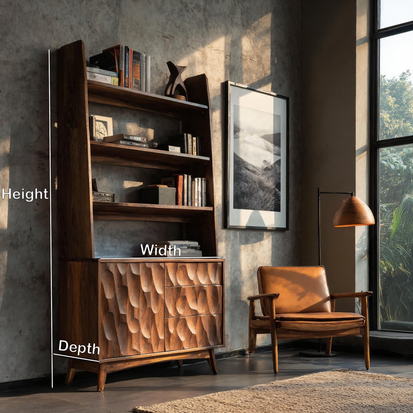 Modern Wooden Bookcase With Drawers And Open Shelves For Living Kitchnce