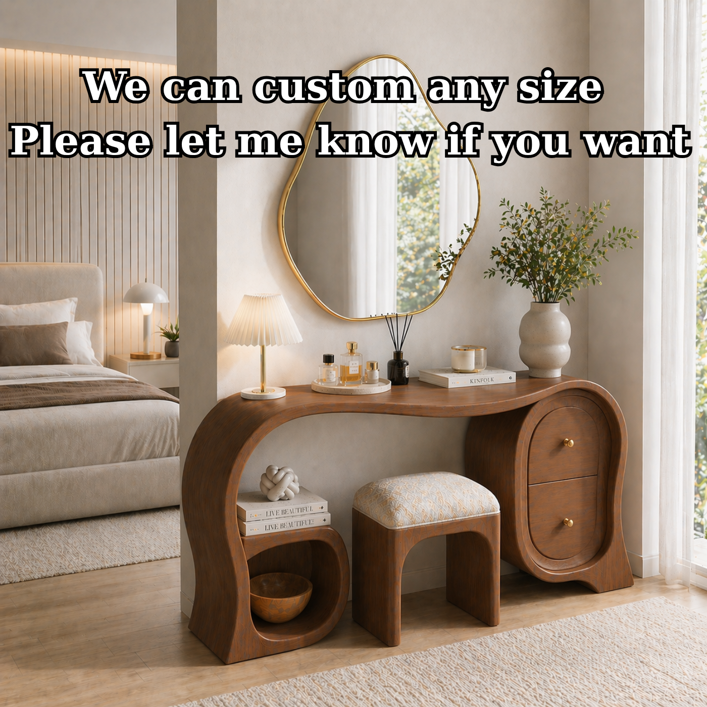 Solid Wood Makeup Vanity Desk with Sculptural Arch Design and Drawer Storage