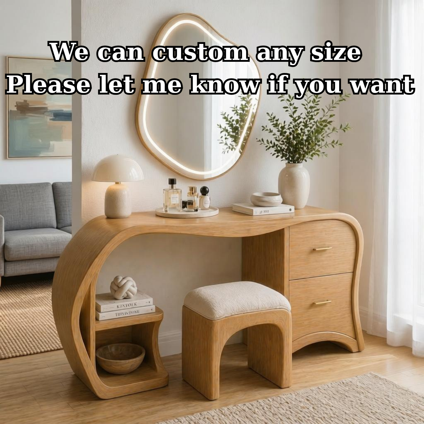 Solid Wood Makeup Vanity Desk with Curved Design and 2 Drawers