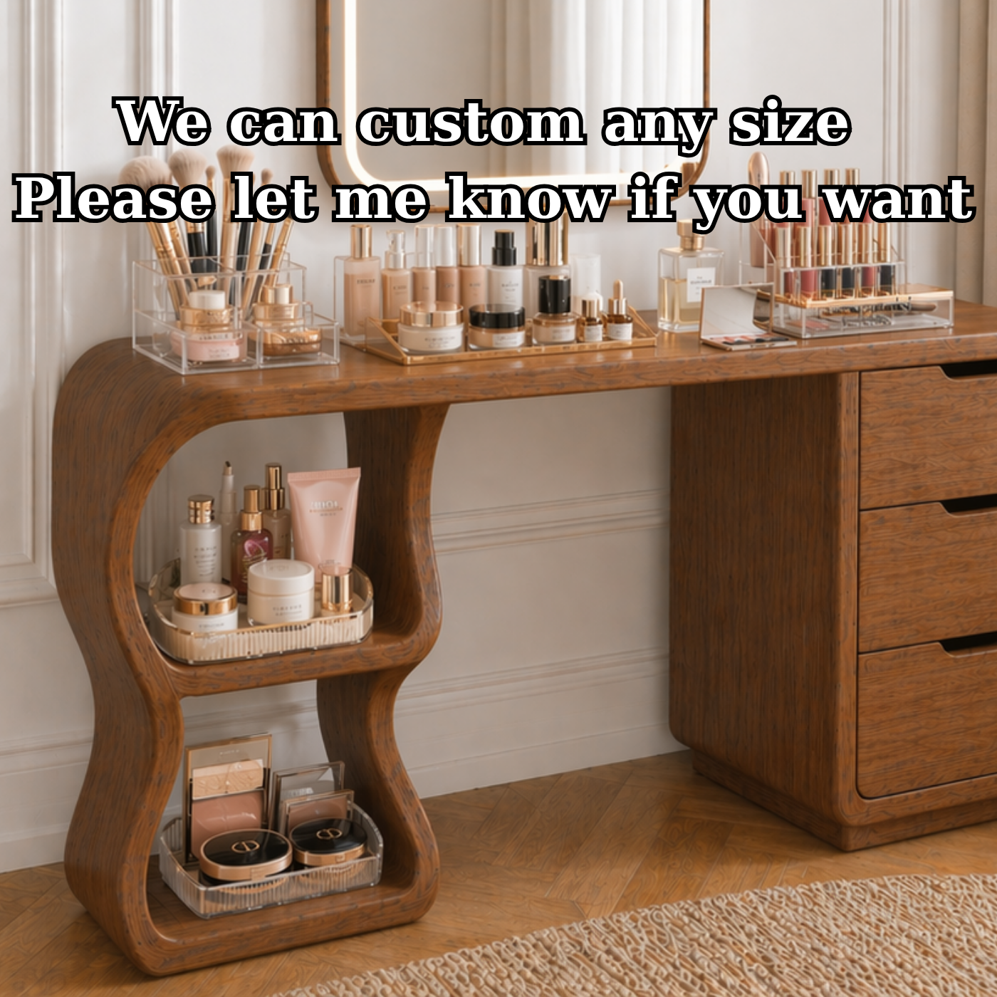 Solid Wood Makeup Vanity Desk with Sculptural Curved Base and 3 Drawers