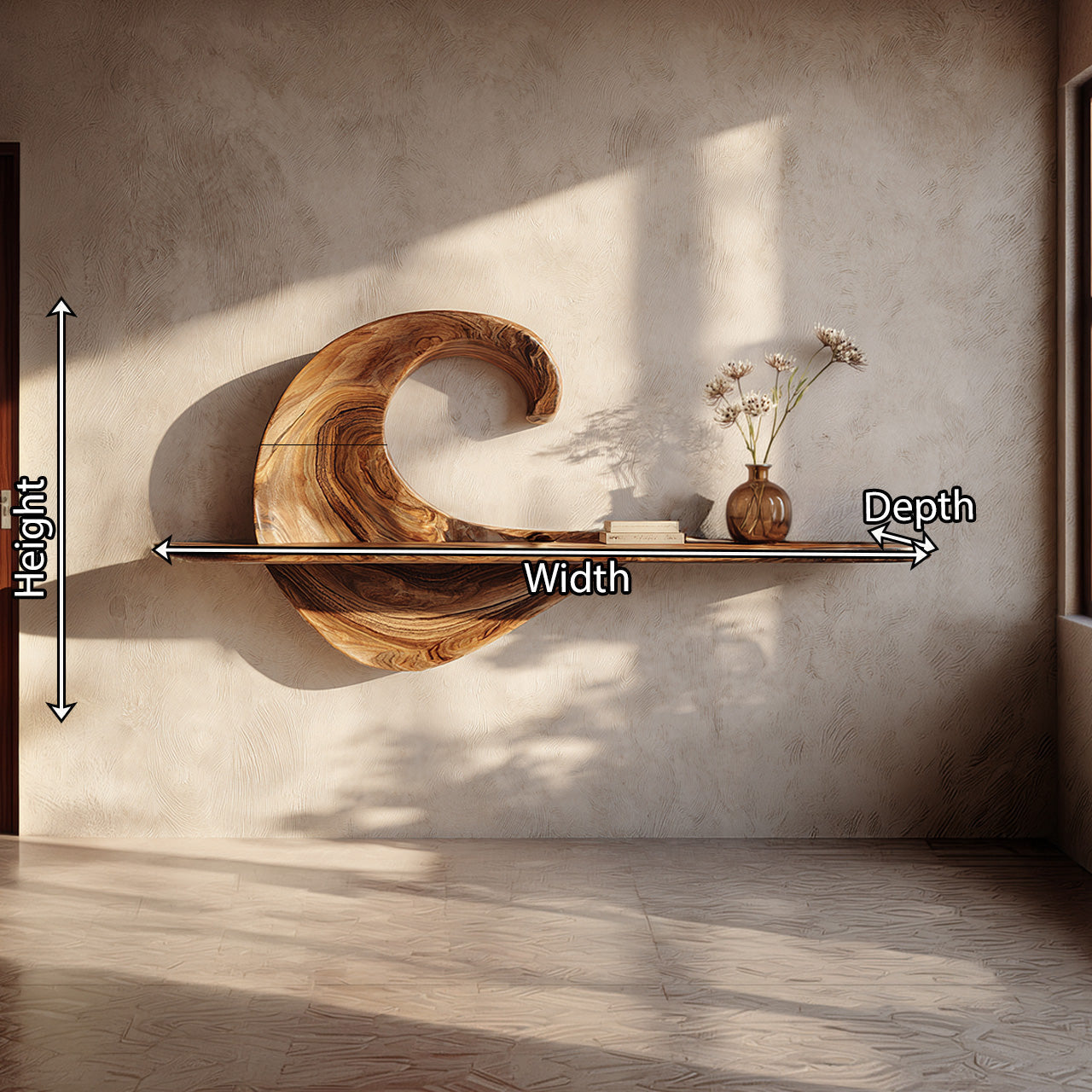 Wave Sculptural Floating Wall Shelf in Natural Wood