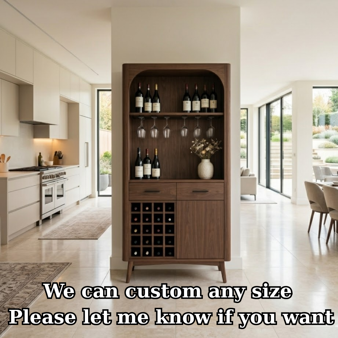 Solid Wood Wine Cabinet with Open Shelves, Glass Holder and Bottle Rack