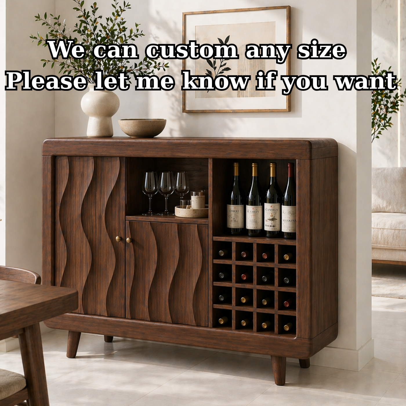 Solid Wood Wine Cabinet with Wave Carved Doors and Built-in Bottle Storage