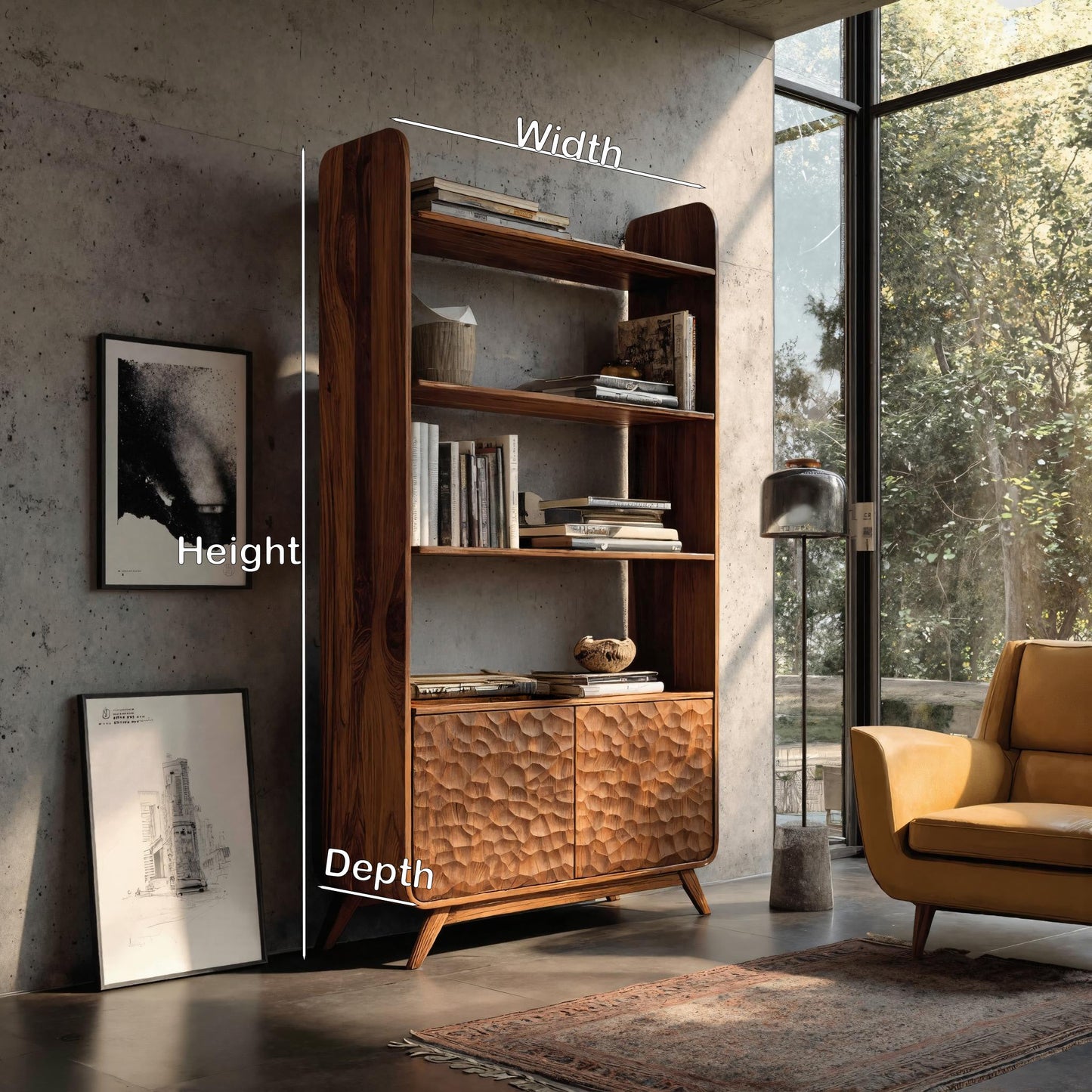 Contemporary Wooden Bookshelf With Sculpted Door Panels For Living Kitchnce