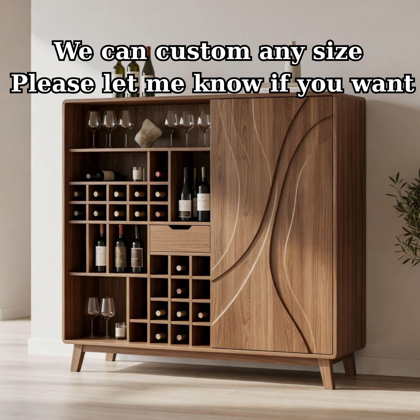 Solid Wood Wine Cabinet with Curved Carved Door and Multi Bottle Storage