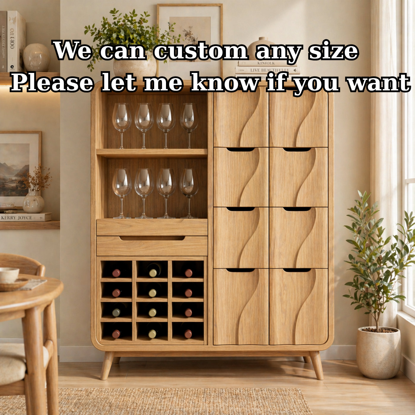 Solid Wood Wine Cabinet with Wave Carved Drawers and Glassware Storage