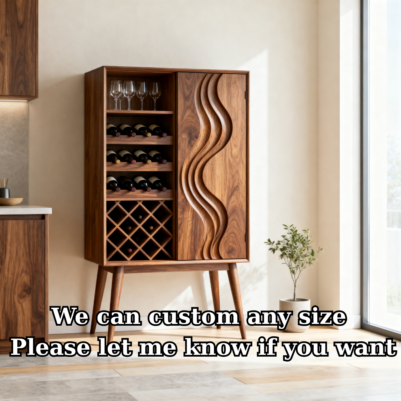 Solid Wood Wine Cabinet with Wave Carved Door and Bottle Storage Rack