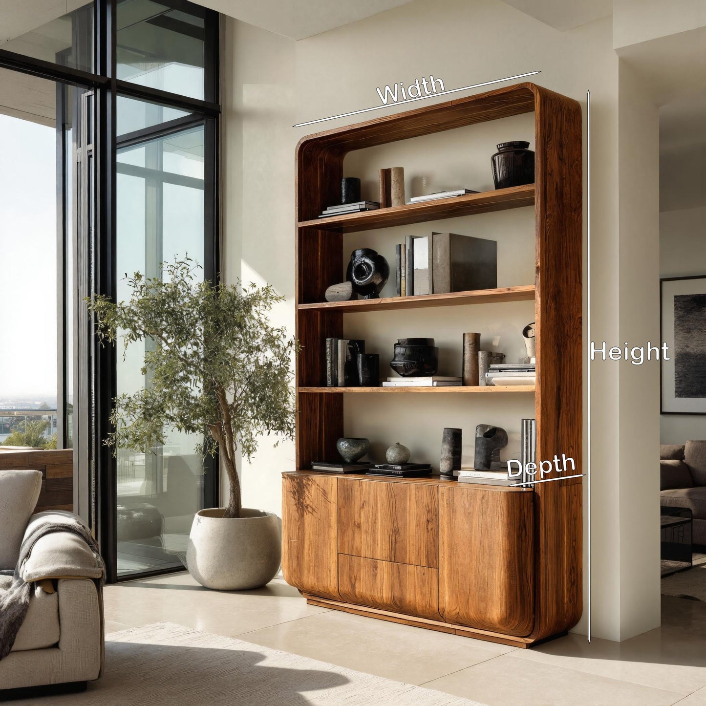 Modern Wooden Bookshelf With Round Edges For Living Room Kitchnce