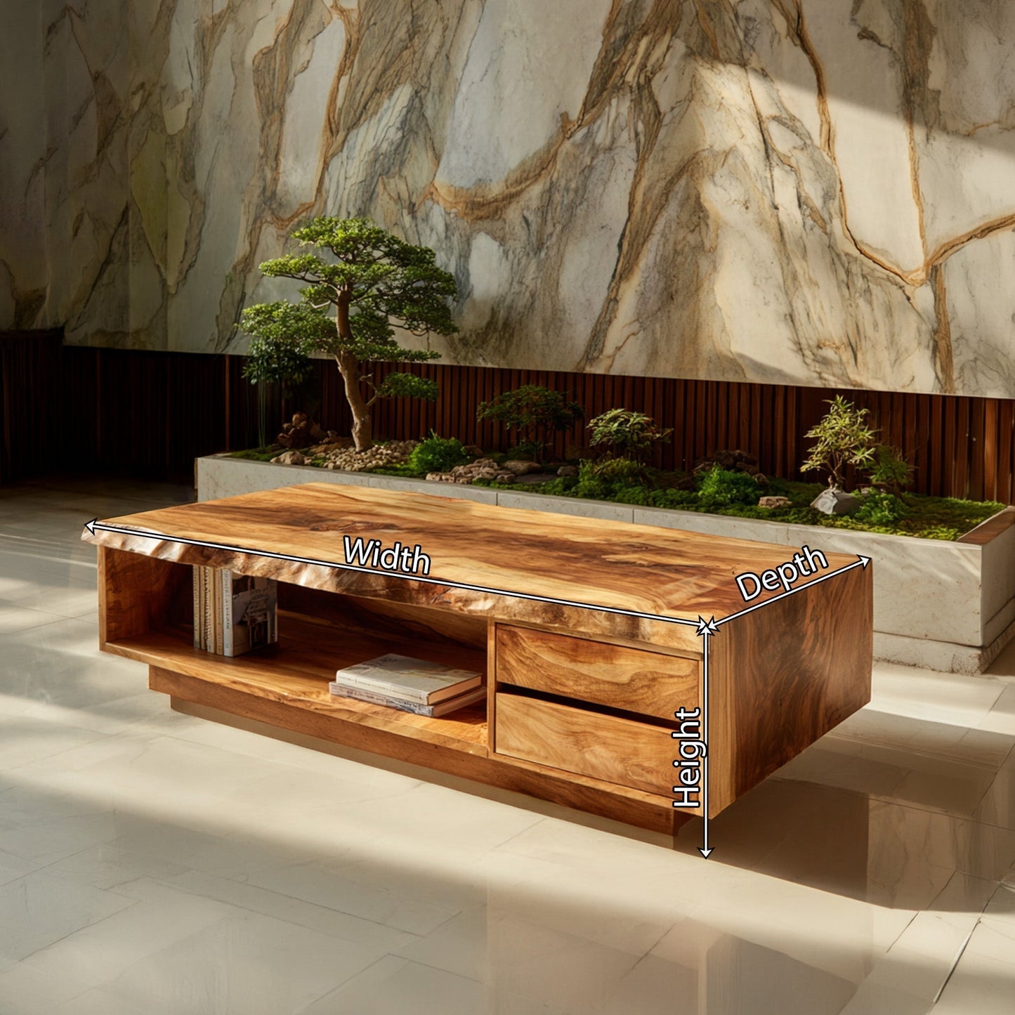 Live Edge Coffee Table With Drawers And Open Storage