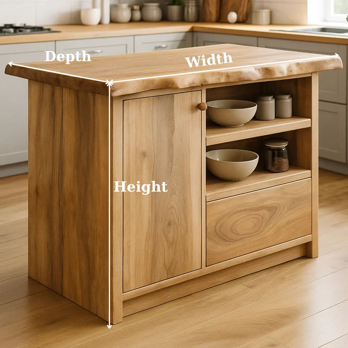 Solid Wood Kitchen Island with Cabinet and Open Shelves, Modern Oak Kitchen Prep Table Kitchnce