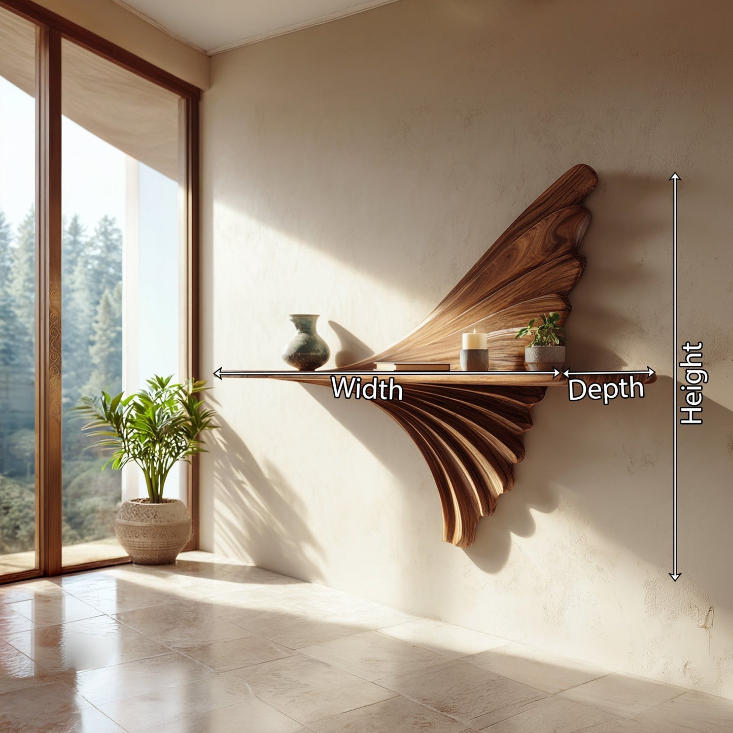 Fan Sculptural Floating Wall Shelf in Natural Wood