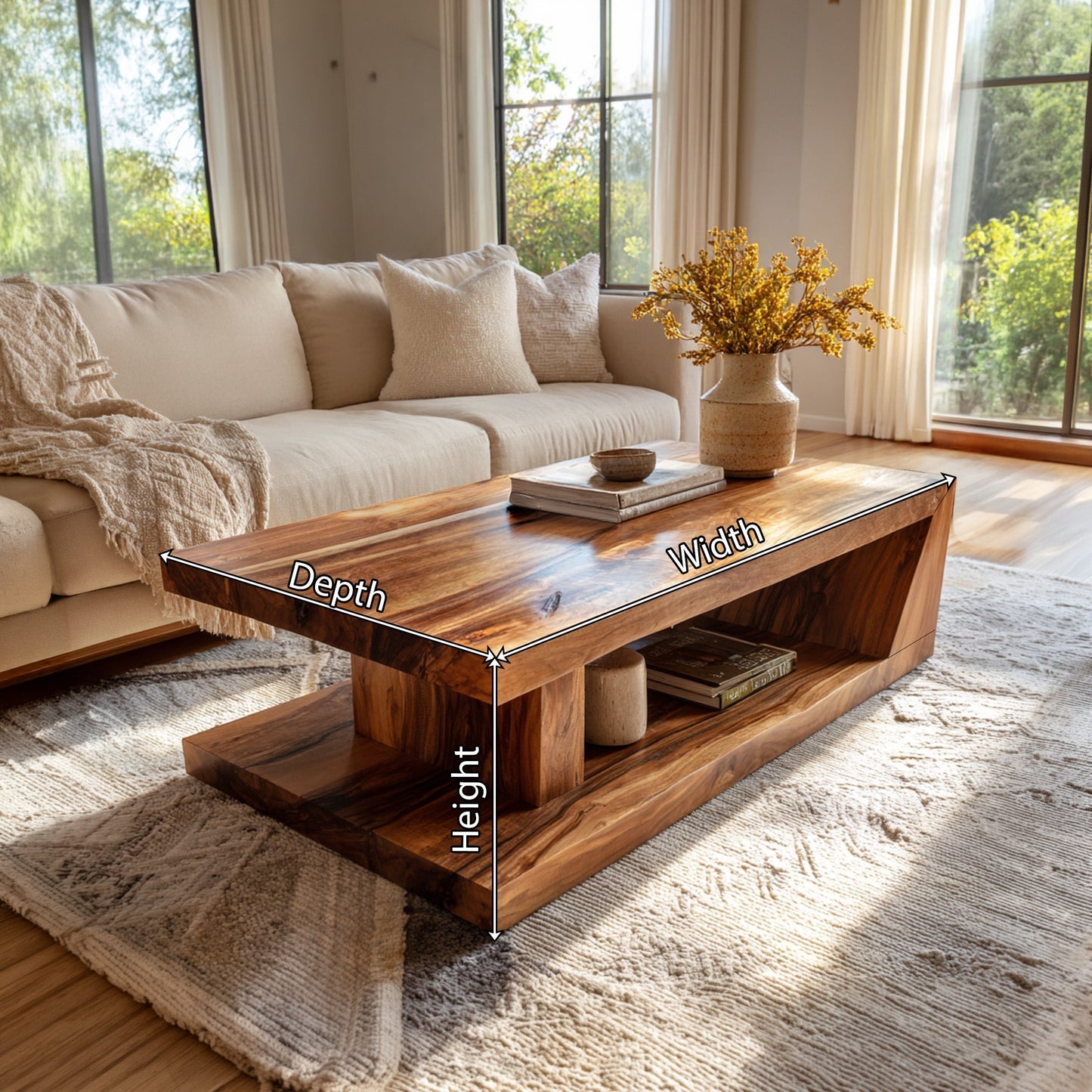 Solid Wood Coffee Table With Open Storage Shelf