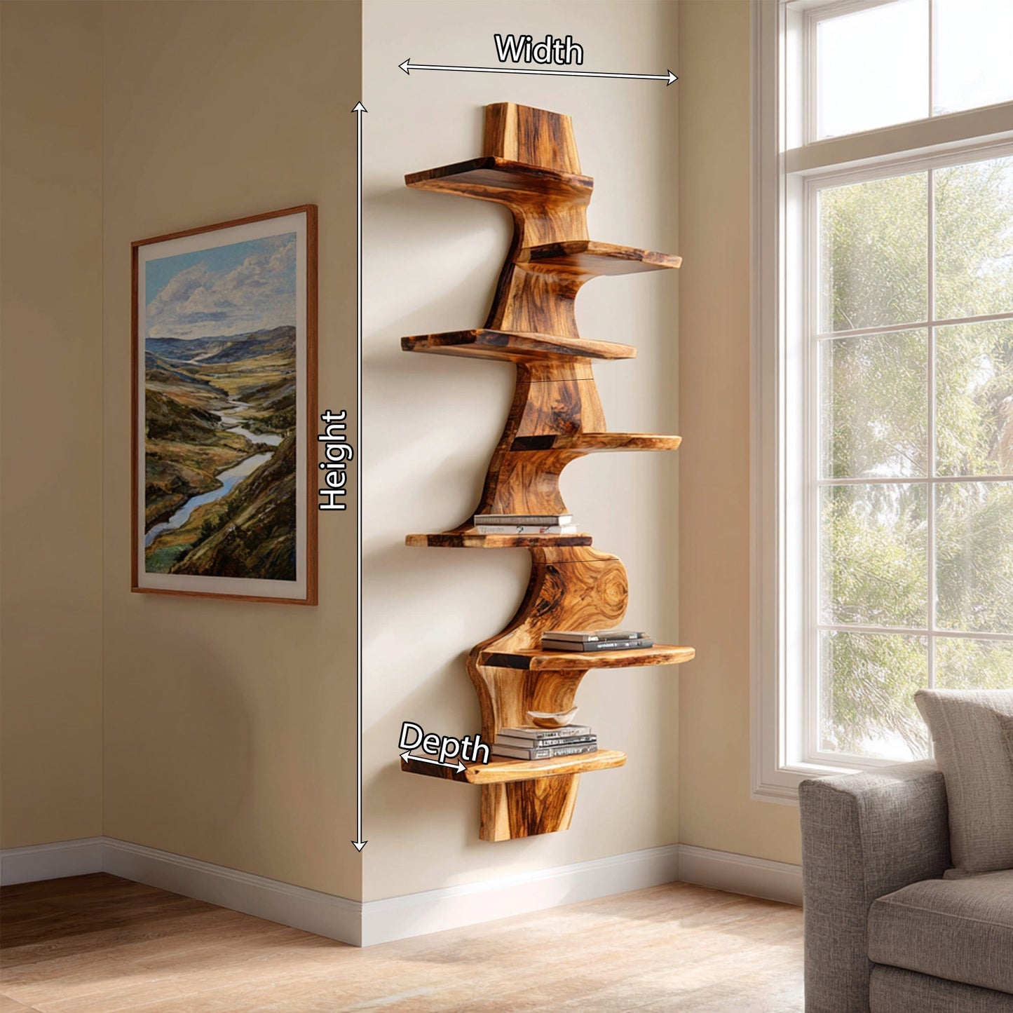 Vertical Wood Corner Wall Shelf With Sculptural Display