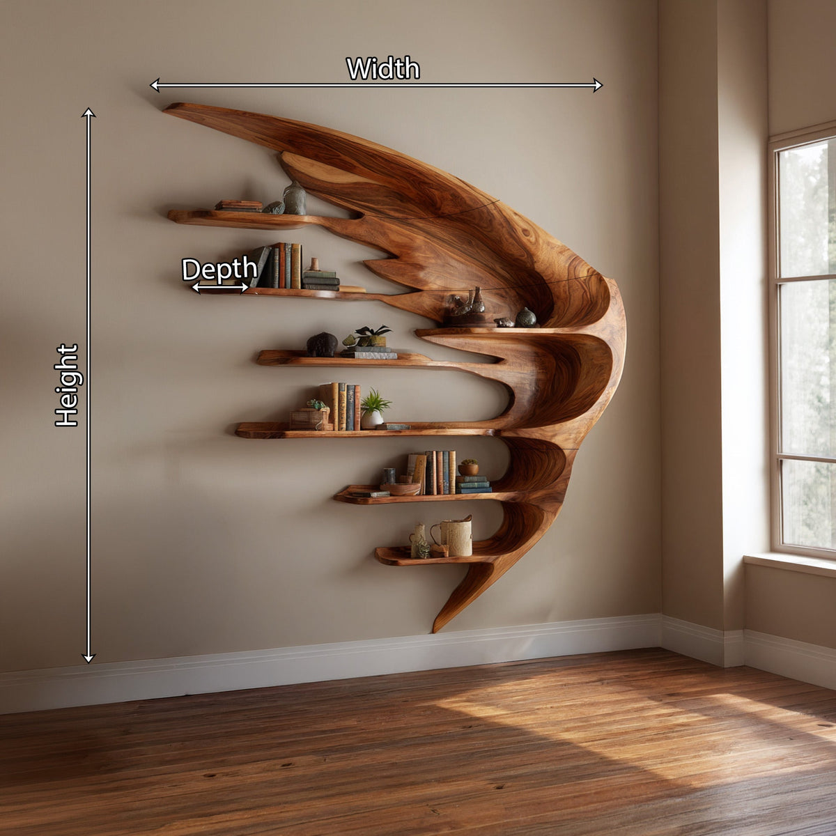 Wing Form Wood Wall Shelf With Open Display