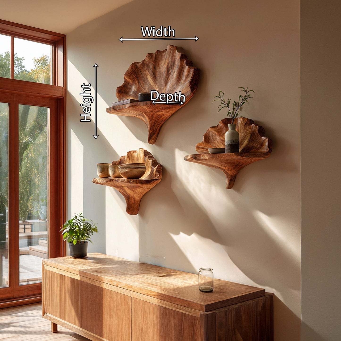 Sculptural Floating Wall Shelf Set in Natural Wood with Layered Organic Form