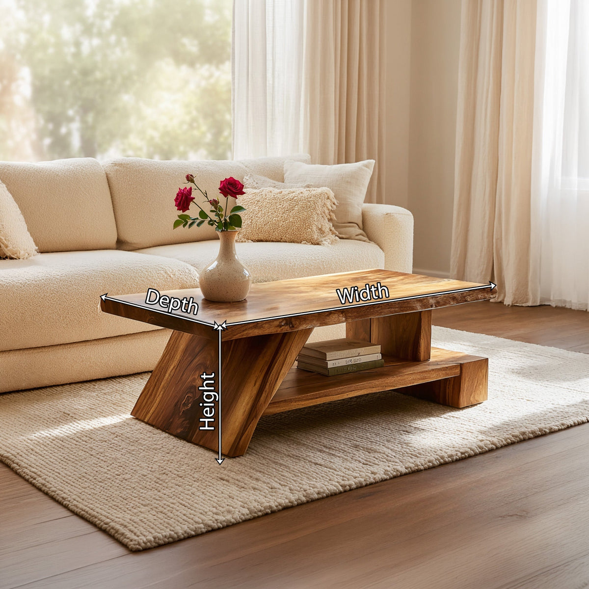 Angled Solid Wood Coffee Table With Open Shelf