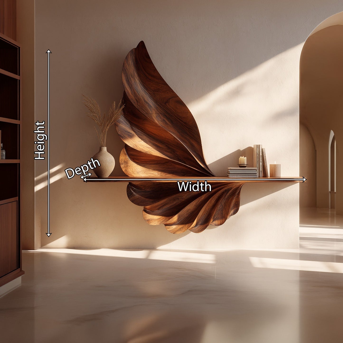 Leaf-Inspired Sculptural Floating Wall Shelf in Natural Wood